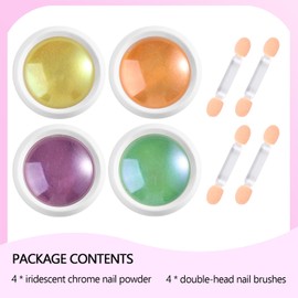 Furtherpretty Iridescent Chrome Nail Powder, 4 Colors Unicorn Chrome Nail Powder Mirror Effect Chameleon Pigment Powder For Nails Aurora Rainbow Glitter With Brushes, Professional Nail Salon Supplies
