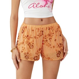 Nicoxijia Y2K Sequin Mini Shorts Women Glitter Coquette Floral Elastic Waist Boxer Shorts Going Out Bottoms Beaded Bling Pant (Orange, S)
