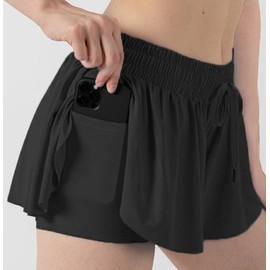 Girls Athletic Flowy Shorts with Liner 2-in-1 Kids Butterfly Pockets Short for Running Sports Fitness Tennis Girls 5-12 Years Black