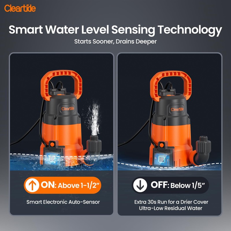 Cleartide Submersible Sump Pump, Smart Water Sensor Auto On/Off, Manual/Auto