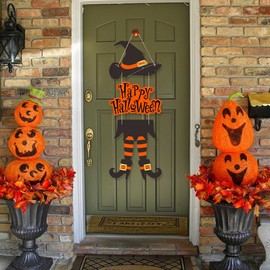 Halloween Happy Sign Decoration, 2 Sets Witch Legs Hat Door Hangings, Rustic Front Door Hanger, for Home Room Indoor Outdoor Holiday Party(Orange and Purple)