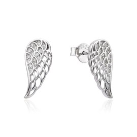Sterling Silver Angel Feather Wing Earrings & Pendant Set with Paved CZ Stone (Half Paved Stud Earrings)