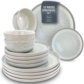Stoneware dinnerware set 4 persons 12 pcs - Mediterranean dinnerware set, dishwasher, microwave and scratch resistant - bowl and plate set - dinnerware Pure Living Light Beige…