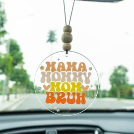 Talataca Mama Mom Bruh 2D Flat Car Ornament & Wood Beads, Funny Quote Beaded Rear View Mirror Accessories, Retro Rearview Hanging Charm, Christmas Tree Decor