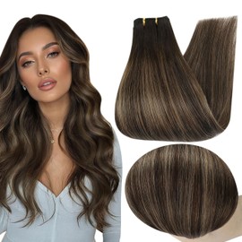 Full Shine Sew in Hair Extensions Real Human Hair Balayage Weft Hair Extensions Human Hair 16 Inch Straight Human Hair Extensions Color 2/8/2 Weft Human Hair for Thin Hair 105G