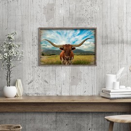 Farmhouse Wall Art Cow Picture: Framed Longhorn Animal Painting Wooden Western Bull Print Rustic Farm Artwork Decor for Kitchen Bedroom Living Room 24”x16”