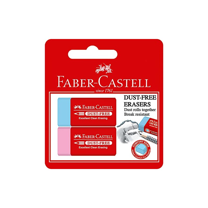 Faber-Castell Dust-Free Erasers, Blue and Pink Medium – Blister Pack