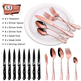 Stapava 53-Piece Copper Silverware Set with Serving Utensils for 8, Stainless Steel Rose Gold Flatware Cutlery Set, Mirror Eating Utensils Tableware with Butterfly Flower Laser, Dishwasher Safe