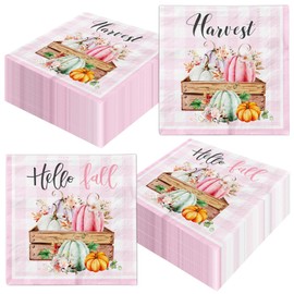 Fall Napkins 40pcs Pink White Checkered Plaid Fall Pumpkin Napkins,Hello Pumpkin Autumn Decor for Girl Fall Thanksgiving Decorations