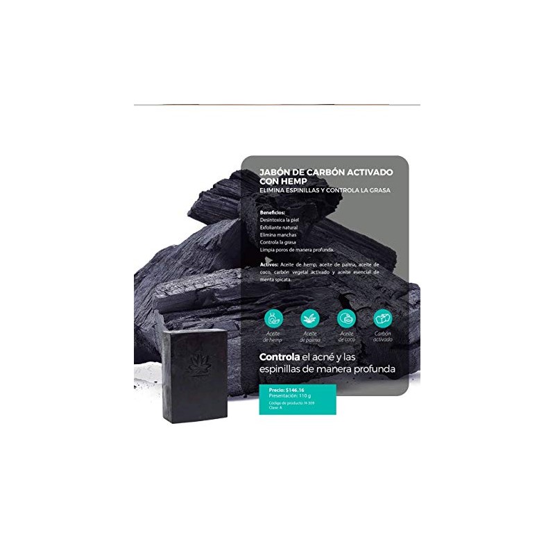 Jabón de carbón activado natural y vegano, 110 gr Beohemp