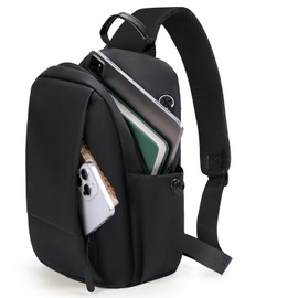 RAINSMORE Mochila Cruzada para Hombre,Impermeable y Ligera Bandolera,Mariconera con Puerto Auriculares,Bolso para Hombre,Viajar,Actividades al Aire Libre,Negro
