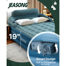 JEASONG JEASONG Premium Queen Air Mattress with Built-in Pump and Headboard - 19" Elevated Inflatable Bed with Cup Holders, Portable for Home & Camping Use, Air Bed, Blow Up Mattress, Colchn Inflable