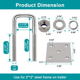 2 Sets Square U-Bolt Kits for Automobiles, ski Trailer,Boat Trailer,Stainless Steel Heavy Duty U-Bolt with Washers,Nuts and Galvanized Frame Plates (1/2" D x 2-1/16" W x 4-3/4" L+Mounting Plates)