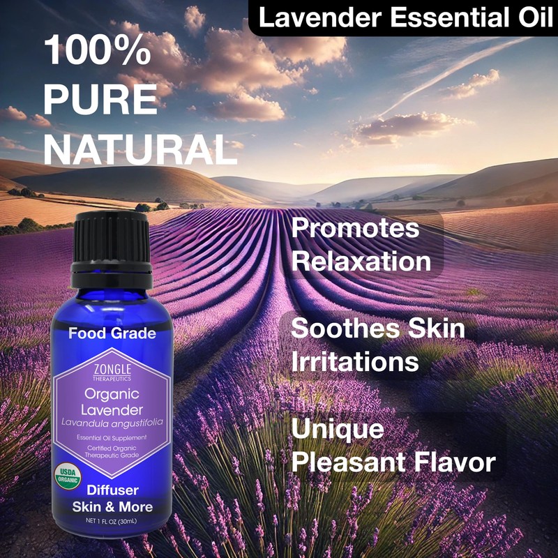Organic, Lavender Essential Oil, Food Grade, for Drinks, Skin, Hair