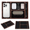Valet Tray, Multi-Space Acacia Wood Leather Surface Desk Organizer Tray