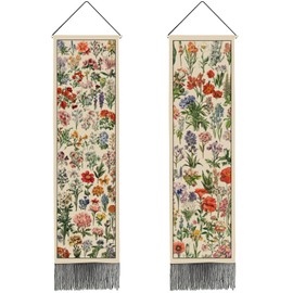 PRESSINART 2 Pcs 2 Styles Long Floral Tapestry Vintage Vertical Tapestry Reference Illustrative Botanical Long Narrow Flowers Print Tassels Wall Hanging for Bedroom Living Room Office Home Decoration