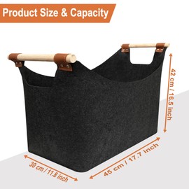 Log Basket, XL Felt Firewood Baskets Extra Thick and Foldable Log Basket for Wood Burner Indoor with Extended Handles for Fireplace Accessories, Shopping, Books, Toy, Clothes