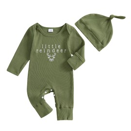 YOKJZJD Newborn Baby Girl Boy Christmas Outfit Mitten Cuffs Knitted Long Sleeve Romper Jumpsuit Bodysuit Hat Fall Clothes (Green, 6-12 Months)