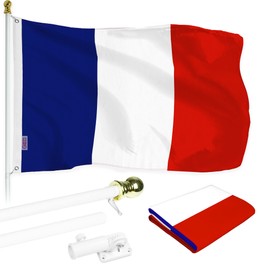 G128 Combo Pack: 6 Ft Aluminum Spinning Flagpole (White) & France French Flag 3x5 Ft, LiteWeave Series Printed 100D Polyester | Pole with Flag Included