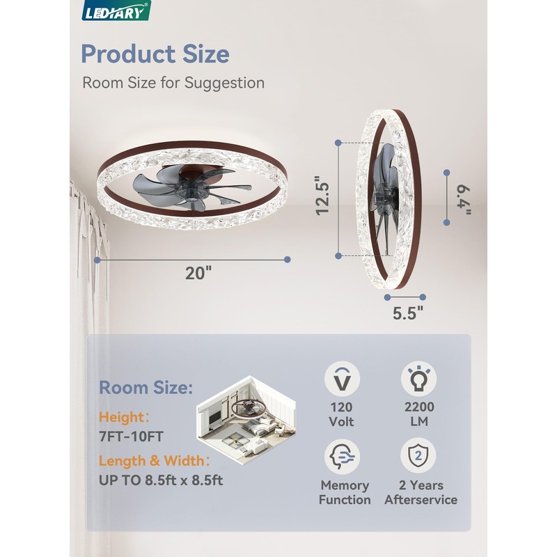 LEDIARY 20" Modern Ceiling Fans with Lights and Remote, Dimmable