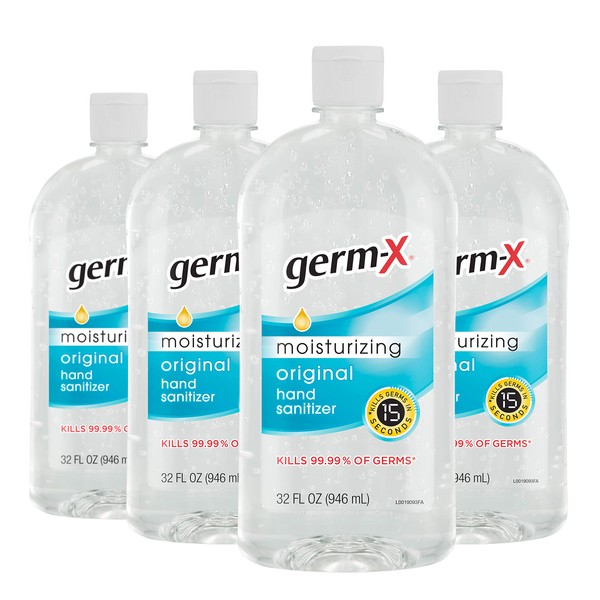 Germ-X Original Hand Sanitizer, Back to School Supplies, Non-Drying Moisturizing Gel with Vitamin E, Instant and No Rinse Formula, Large Family-Size Flip Top Bottle, 32 Fl Oz (Pack of 4)