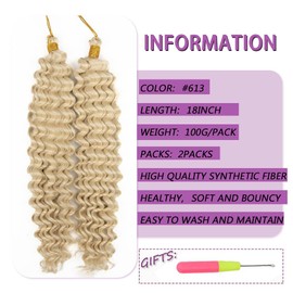 Deep Wave Crochet Hair 18 Inch 2 packs Long Curly Braiding Hair Extensions Ocean Wave Crochet Hair For Black Women Synthetic Ocean Wave Curly Crochet Hair For Boho Box Braids (#613, 18inch, 2pack)