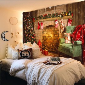 Mr.Bee Wall Tapestry Christmas Colorful Tapestries Backdrop, Xmas Santa Claus, Tree and Fire Place for The Living Room Background Wall Hanging for Party Home Christmas Wall Decor Series B (W59 x L51)