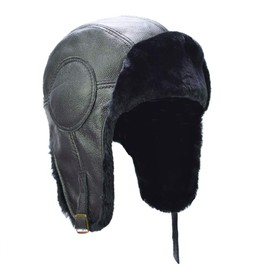 Yosang Aviator Pilot Hat Leather Winter Trapper Trooper Faux Fur Ear Flaps Hat Black