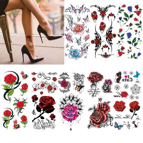 CARGEN Pack of 8 Sexy Flower Tattoos for Women Sexy Cover Fake Tattoo Body Art Sticker Waterproof for Legs Thighs Chest Hips