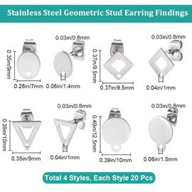 Beebeecraft 80Pcs 4 Styles Stainless Steel Earring Posts Oval Flat Round Triangle Rhombus Earring Studs Findings with Loop for DIY Women Earring Making Supplies