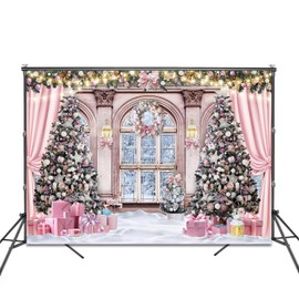 Fitumiw Christmas Backdrop for Photography 10x7ft Christmas Window Snowy Winter Scenery Photography Background Pink Curtain Snowy Forest Outside The Window Family Photo Shoot Booth Props