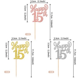 24 piezas de decoraciones para magdalenas de feliz 15 años, oro rosa, plata, purpurina, quince saludos a 15 años, número 15, cumpleaños, para decoración de pasteles