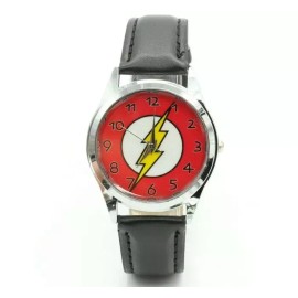 Unbranded The Flash Logo Inspired Genuine Leather Black Band Timepiece
