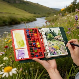 LIGHTWISH Watercolor Sketchbook Set Loose Leaf Style 100% Cotton Hot Press A7 Size 17x10cm with 36 Holes Ceramic Palette & 2 Travel Watercolor Brushes for Outdoor Sketching