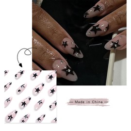 24PCS Almond Press on Nails Medium Nude Fake Nails Full Cover Black Stars False Nails with Rhinestones Designs Stiletto Acrylic Nails Stick on Nails Glossy Artificial Nails Glue on Nails for Women