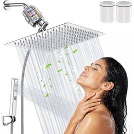 Regaderas para Baño con Filtro, 10" Cabezal de Ducha Antióxido, [20 Capas de Filtrado], con Shower Head de Mano, Regadera Fija Cuadrada de Alta Presion, con 2 Cartuchos Filtrantes y Accesorios