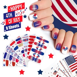JERCLITY 8 Sheets 4th of July Nail Wraps for Women Independence Day Nail Polish Strips Patriotic American Flag Nail Strips Self-Adhesive Nail Stickers with Nail File for Memorial Day（4th of July-A）