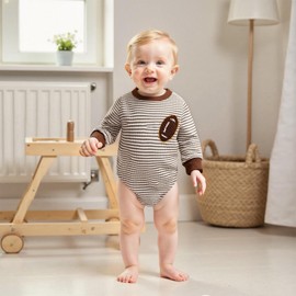 Newborn Baby Boy Football Outfit Game Day Onesie Oversized Sweatshirt Romper Long Sleeve Jumpsuit Fall Winter Clothes (Stripe Khaki, 3-6 Months)