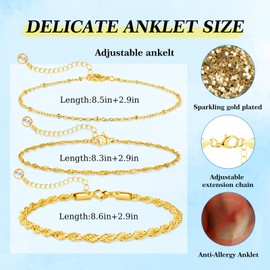 YOKIKA 3 Pcs 14K Gold Anklets for Women Ankle Set Summer Beach Waterproof Gold Plated Ankle Bracelet Beaded Beach Link Women's Anklets Chain Jewellery