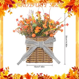 Orange Pumpkin Wreath Fall Door Hanger Basket Wreath, Artificial Autumn Thanksgiving Pumpkin Wreaths with Mixed Leaves Sunflower for Front Door Indoor Outdoor Decor Farmhouse Harvest Orange Wreaths