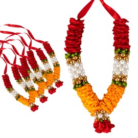 Aditri Creation Set of 4 Red Orange Artificial Flowers Ribbon Garland Haar Mala for Idol-Mala for God, Pooja Sringar Articles Ornament (4 Inches)
