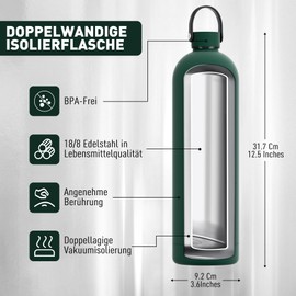 Exllena Insulated Water Bottles with Handle and Clip, Double Wall Vacuum Drink Bottle Keeps Drinks Cold for 24 Hours/Hot for 12 Hours, Stainless Steel Water Bottle, BPA Free (1500ml) (Emerald Green,