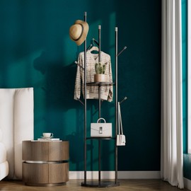 ZEYEXE metal Coat Rack whit Marble base,heavy duty coat hanger Stand, Freestanding Coat Racks with 3 Shelves and 9 Hooks,Coat Tree for Entryway, Bedroom, Coats, Bags,purse,Sturdy and Easy to Assemble