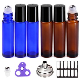 PrettyCare 6 pcs, 10 ml Roller Bottles for Essential Oil with Stainless Steel Roller Ball - Refillable Leak-proof Empty Thick Amber & Blue Glass Roll on Bottles with Black Caps for Travel, Perfume