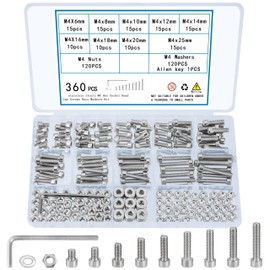 TOOINKCV 360 Pcs M4 Screws and Nuts Set, Hex Socket Head Cap Screws Bolts and Nuts and Washers Assortment Kit, Stainless Steel Bolts and Nuts Kit, Fully Threaded Metric Machine Screw Assortment Kit