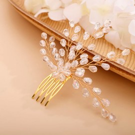 Chargances Rhinestone Bridal Wedding Hair Comb Gold Flower Bridal Side Comb Beaded Crystal Hair Vine Pieces Handmade Hair Accessories for Women and Girls (Gold)