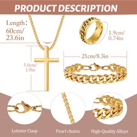 APMGONT Men's Cross Necklace Cuban Bracelet Ring Set Stainless Steel Cross Pendant Necklace Cuban Chain Bracelet Cross Vintage Spinner Ring Set Gifts for Men Birthday Christmas (Black A)
