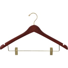 The Great American Hanger Company Curved Wood Combo Hanger w/Adjustable Cushion Clips, Box of 100 17 Inch Wooden Hangers w/Walnut Finish & Brass Swivel Hook & Notches for Shirt Jacket or Dress