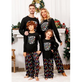 VNVNE Family Matching Christmas Pajamas for Women/Men/Couples, Festival Christmas PJs Set Light Bulb Patterned Tops with Pants Sleepwear(Youth,8-10Y)