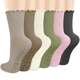 Justay 6 Pairs Womens Pilates Socks with Grips Crew Non Slip Ruffle Cotton for Athletic Workout Barre Hospital Yoga Socks
